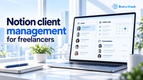 Notion client management for freelancers, illustrated by a laptop displaying client records, follow-ups and conversation history.