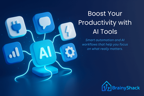 3D illustration showing AI icons connected to a central glowing hub, representing AI productivity tools and Plug and Play Productivity.