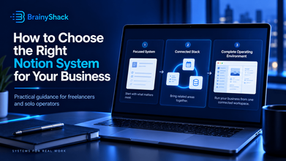 BrainyShack guide to choosing the right Notion system for your business, showing focused, connected and complete system options.