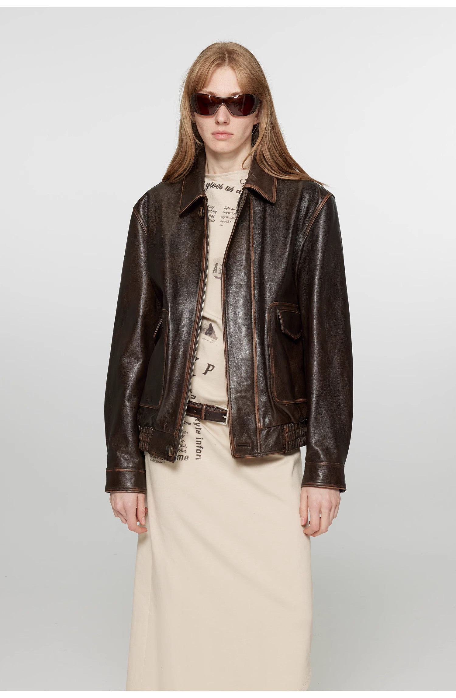 Fireladyfur Women's Vintage Brown Aviator Style Leather Jacket