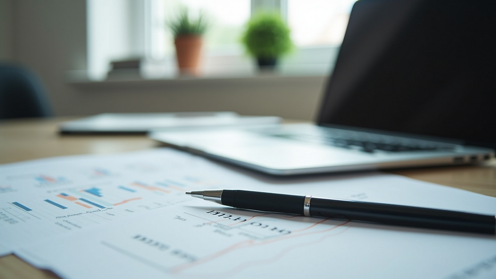Eye-level view of a neat desk with a laptop and financial documents