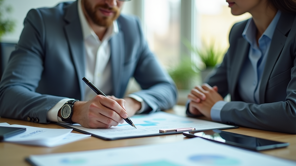 Close-up view of a financial advisor explaining charts to a small business owner