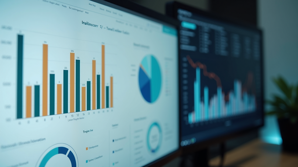 Close-up view of a computer screen displaying bookkeeping software with financial charts