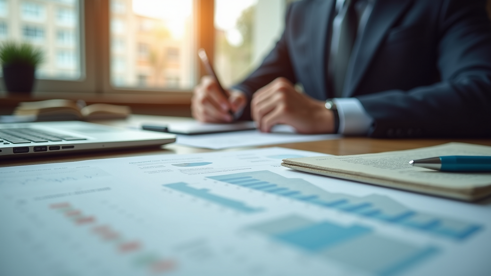 Eye-level view of a small business office with financial documents on the desk