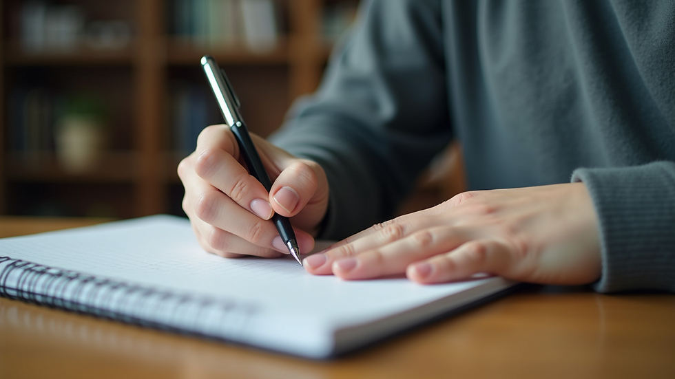 Close-up view of a person writing in a notebook with a pen