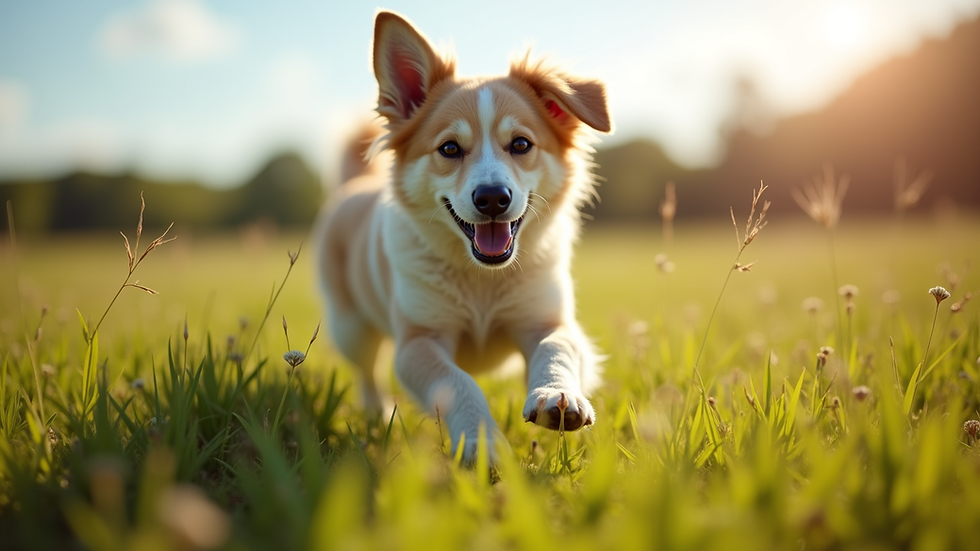 Eye-level view of a happy dog playing in a grassy field