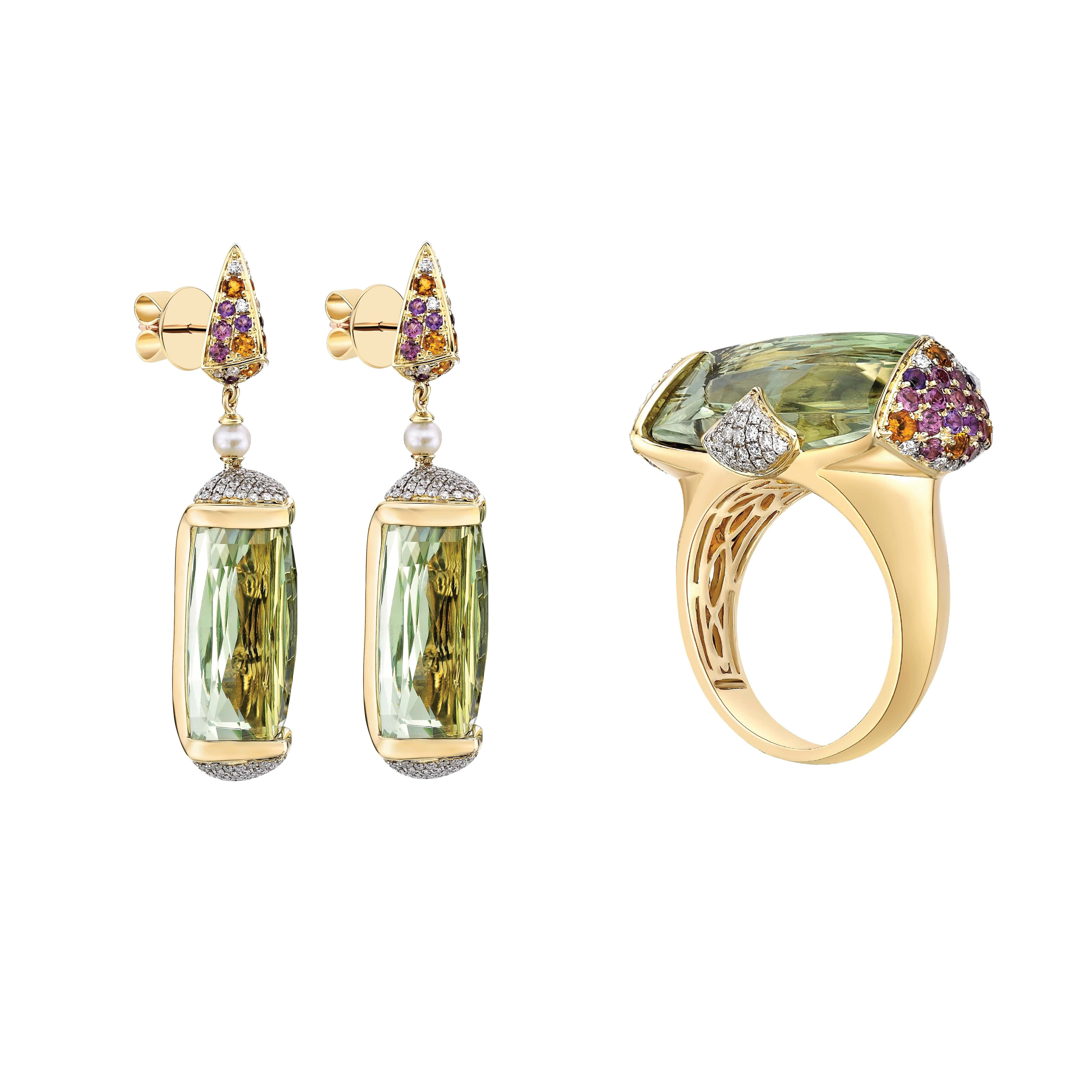 Green Amethyst and Diamond Ring and Earring Set in 18 Karat Yellow Gold