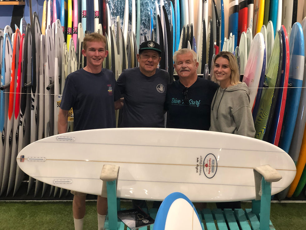 Thumbnail: Four people smiling with a white BMS CC Kirrarita surf log