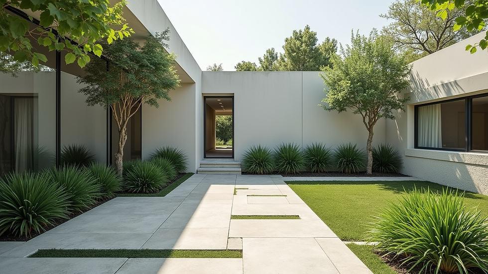 Vista panorámica de un jardín minimalista con plantas verdes y caminos de piedra