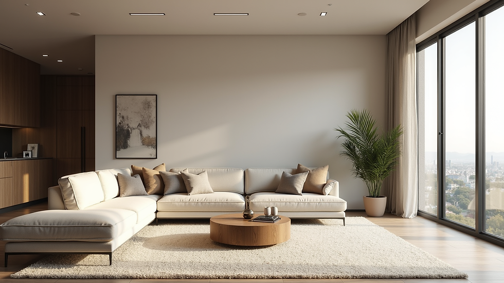 Vista panorámica de un salón renovado con decoración moderna