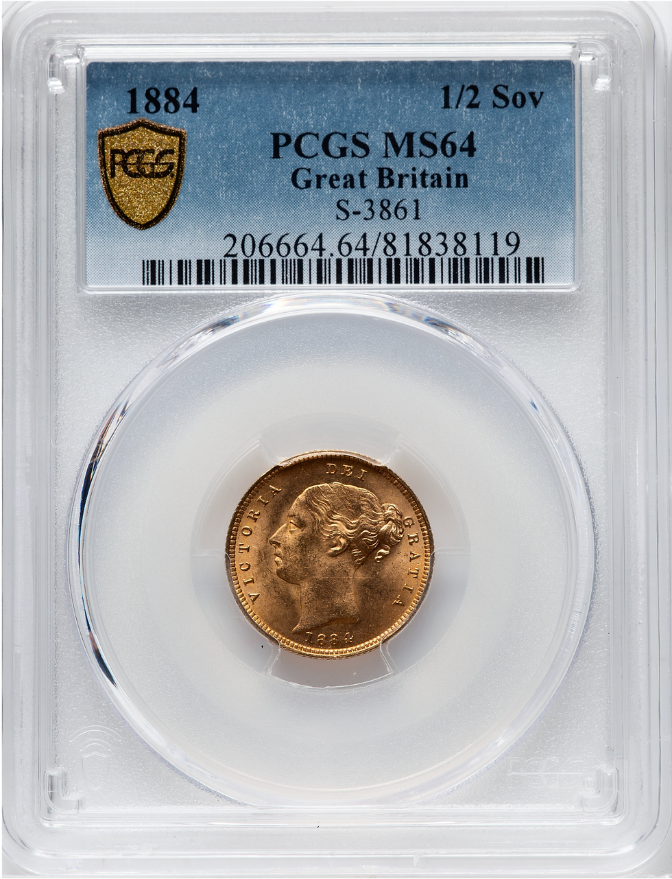 サムネイル： 【MS64】1884年 ヴィクトリア女王ヤングヘッド 1/2ソブリン金貨 PCGS MS64