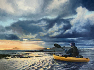 Oil painting of a person paddling a kayak, looking at a sunset over Eigg Island in Scotland.