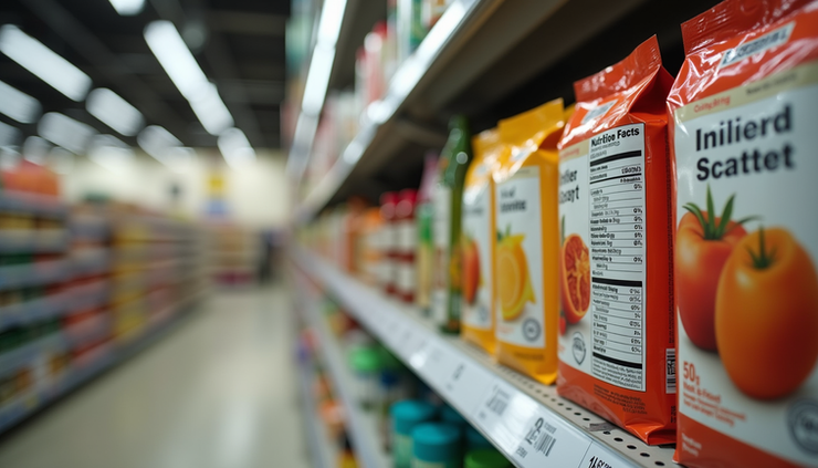 Eye-level view of a grocery store shelf displaying packaged foods with front-of-pack nutrition symbols