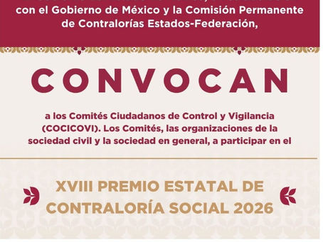 Invita Gobierno del EdoMex al XVIII Premio Estatal de Contraloría Social 2026, para consolidar la transparencia, rendición de cuentas y combate a la corrupción