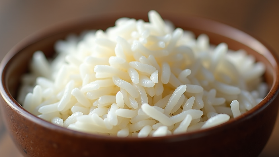 Close-up view of fluffy cooked white rice in a bowl
