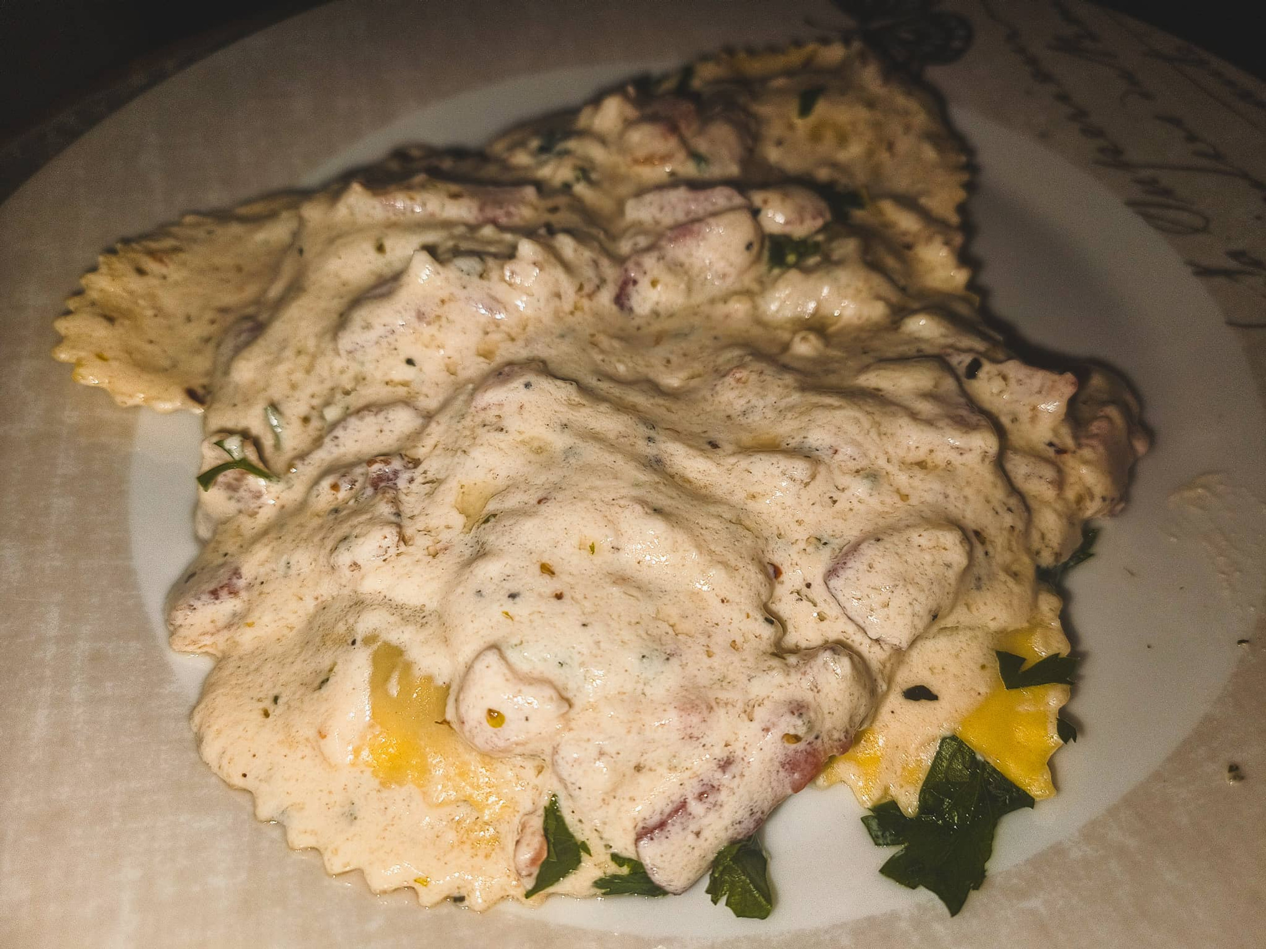Ravioli with Bacon in Garlic Parmesan sauce