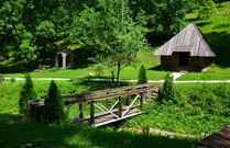Wooden bridge and traditional hut in a green landscape