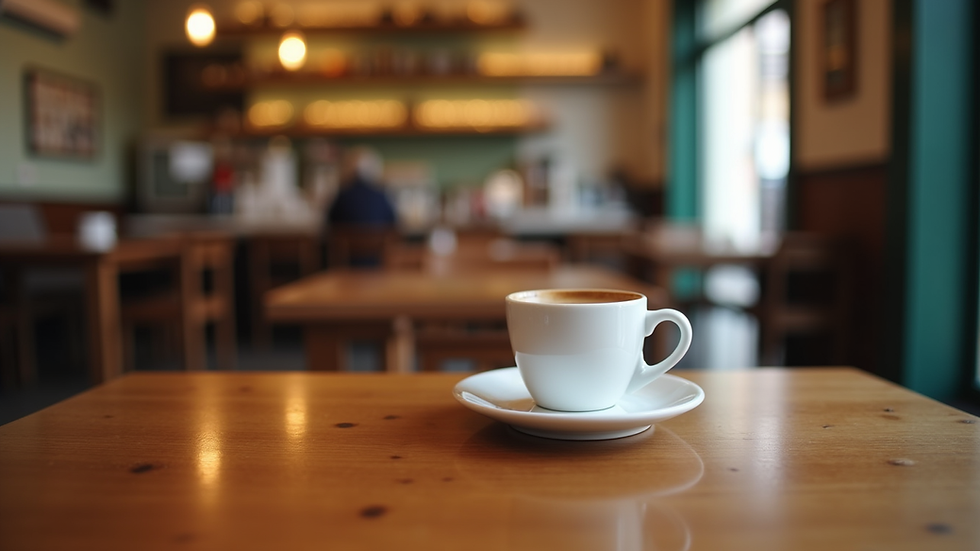 Eye-level view of a traditional espresso cup on a wooden table in a Trieste café