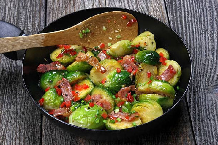 Brussel Sprouts with Bacon-Paprika and Hazelnuts