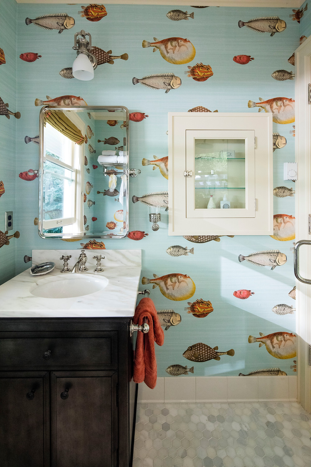 Portland, OR bathroom design, daniel house bathroom, cole and sons wallpaper, fish wallpaper, classy fish, classical design, marble bathroom counter, daniel house kitchen & bath