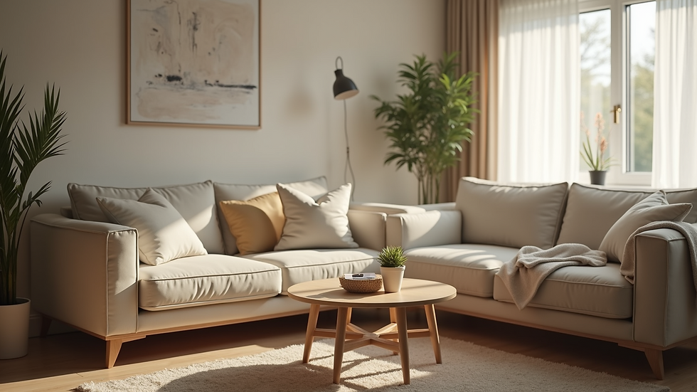 Eye-level view of a cozy living room set up for a postpartum home visit