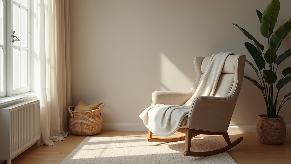 High angle view of a calm living room with a rocking chair and baby blanket
