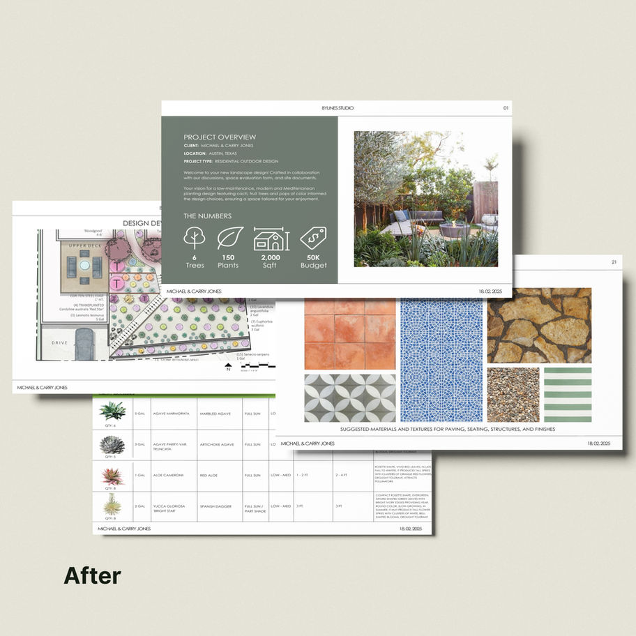 Close-up of the Design Presentation Template filled with sample landscape design elements, shown in a flat, top-down view.