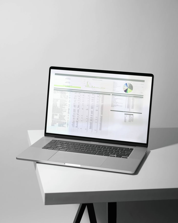 Landscape Budget Template shown on a laptop screen placed on a white desk, highlighting clean, professional page layouts for