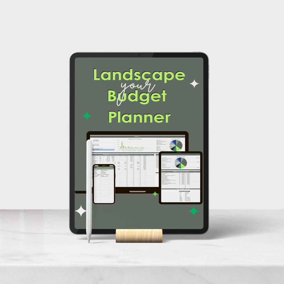 Landscape Budget Planner template displayed on a tablet with iPad pen, set on a marble surface,showcasing product