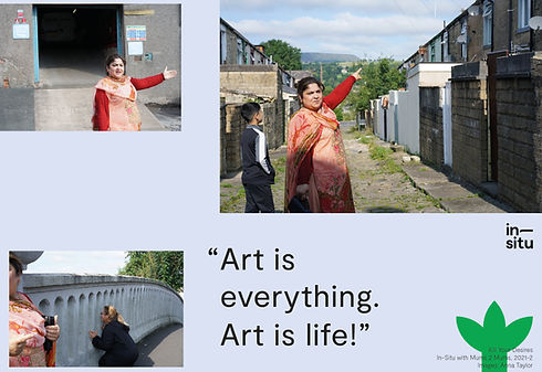 A collage with three images and pale blue background. A sout asian woman and young boy stand in an alleyway, there's a hill in the background. She is wearing a red garment and is pointing in two images, the other, another woman looks through a gap in railings. Text says Art is everything, art is life. Small text lower right corner says Kill your Desires, In-Situ with Mums 2 mums 2021-2, Images Anna Taylor