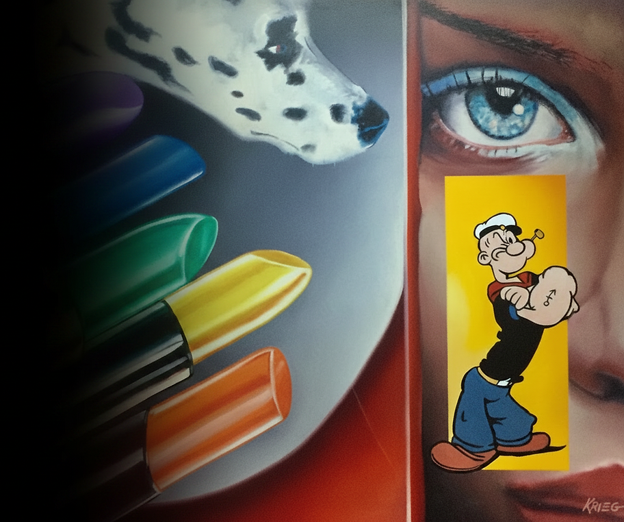 Colorful oil painting depicting a dalmation, lipsticks and the classic cartoon character Popeye