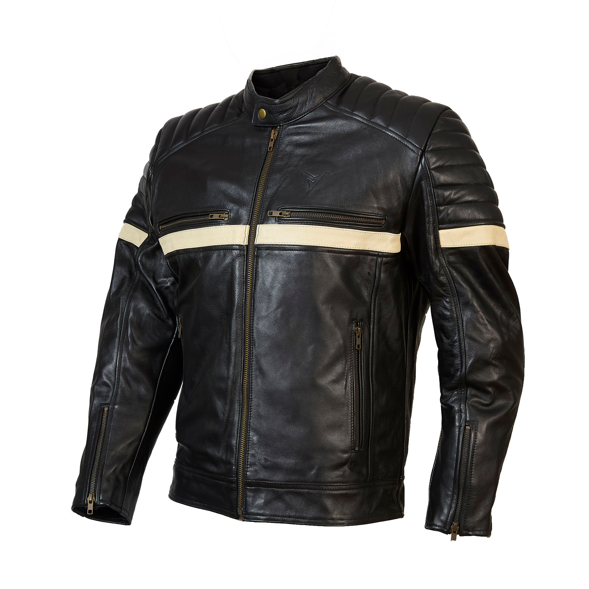 Chaqueta de cuero para moto. Color negro, franja blanca. Forro desmontable.