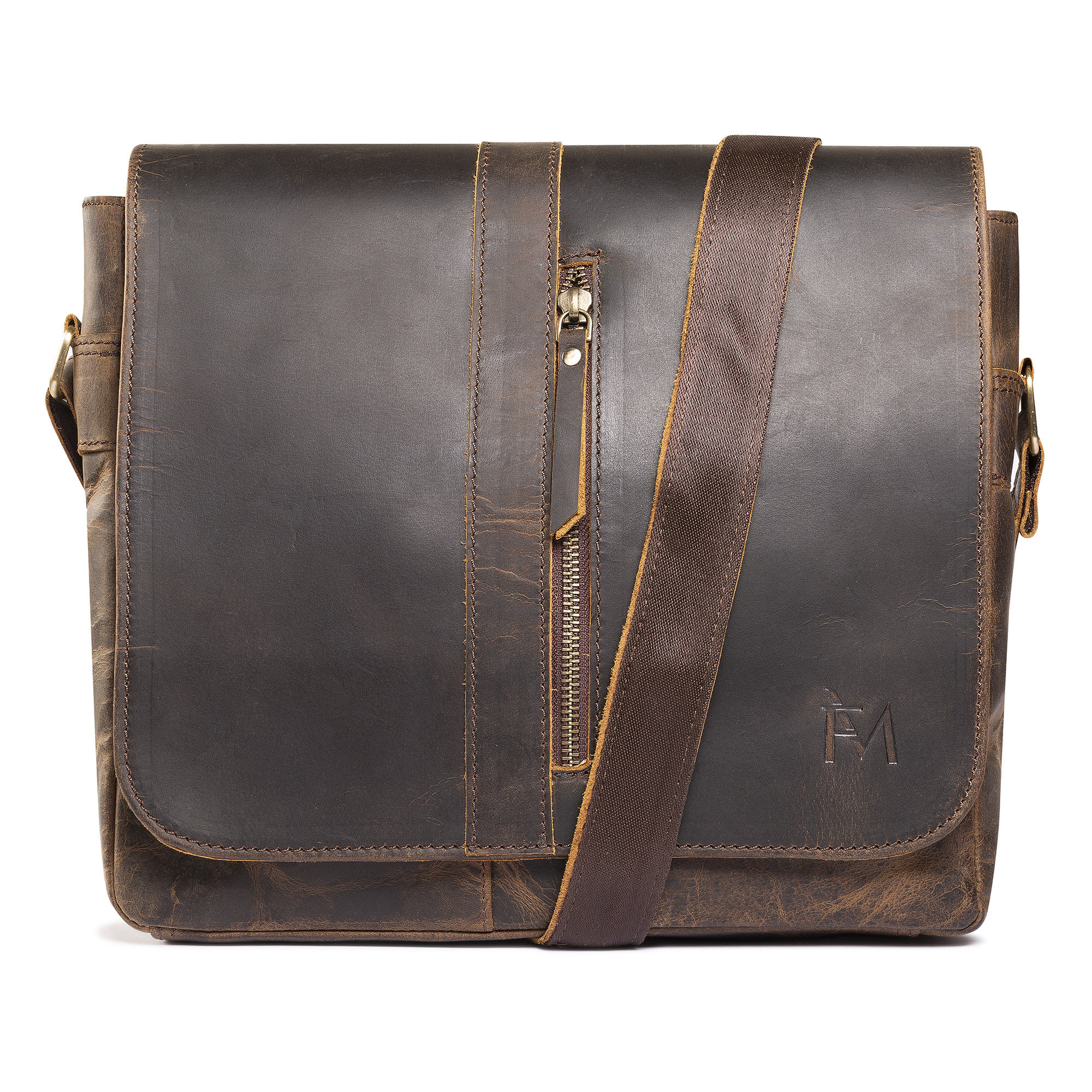 Bolso tipo maletín de cuero grueso genuino. Color marrón oscuro.