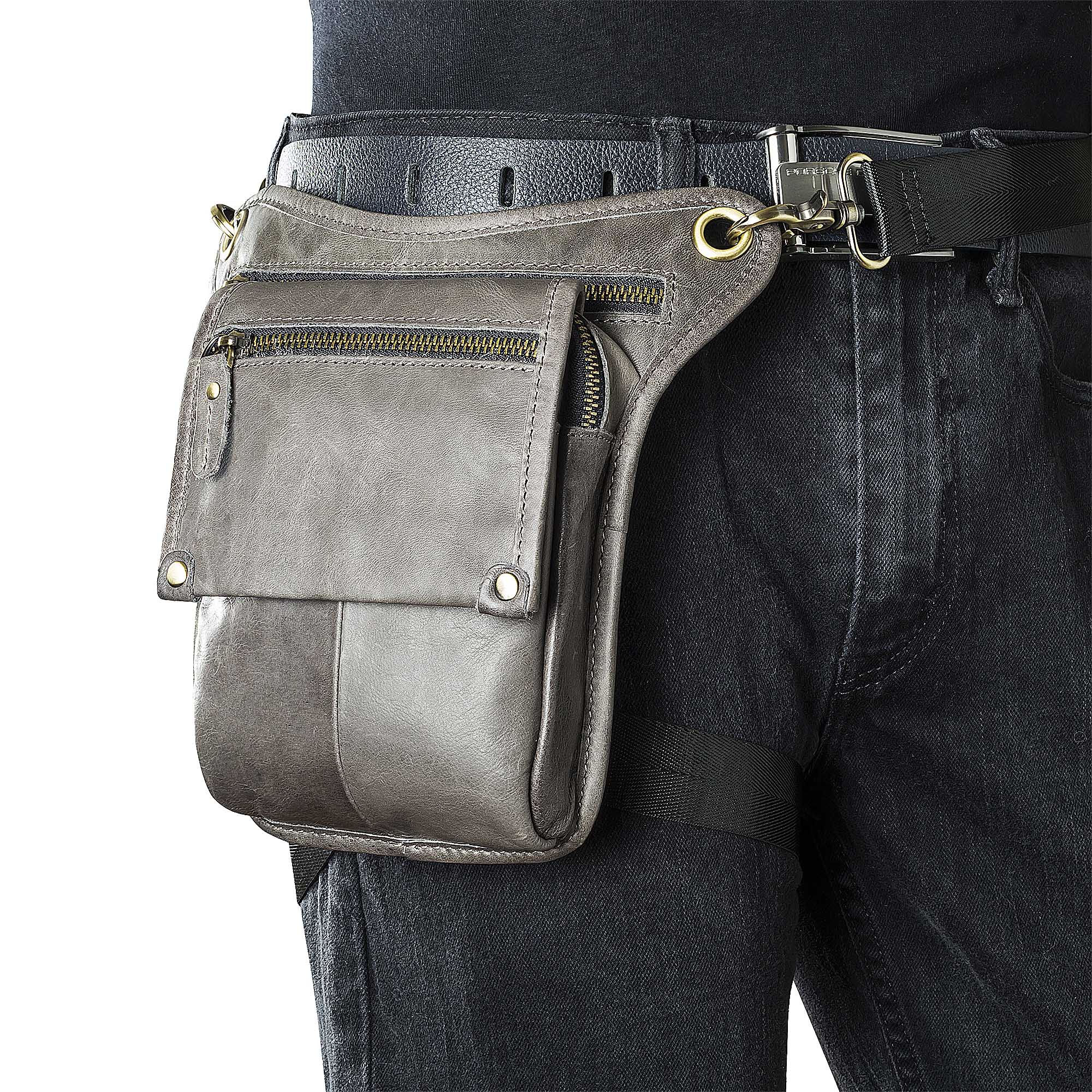 Muslera de cuero, Banano de cuero, bolso. Color gris