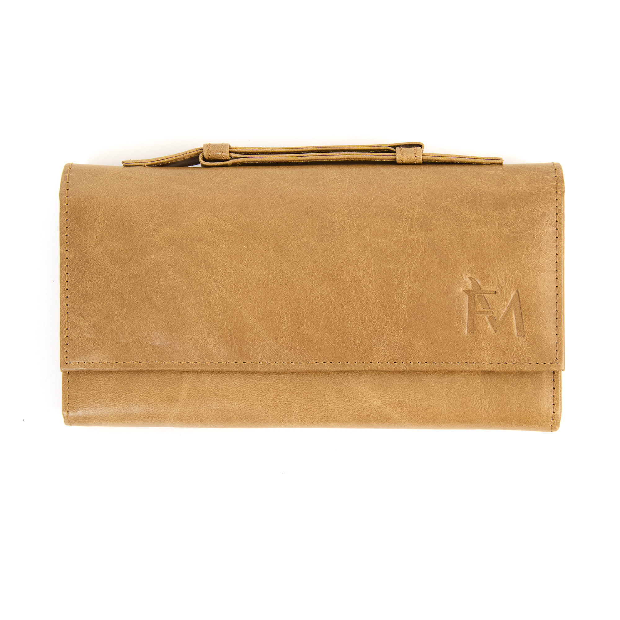 Billetera, porta documento, cartera de mano con asa de cuero. Color crema