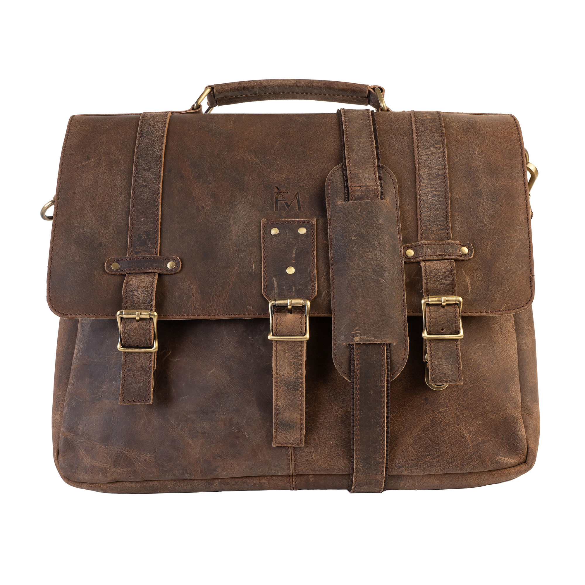 Maletín 3 broches de cuero natural. Marrón oscuro. Notebook 15,6" , 16"