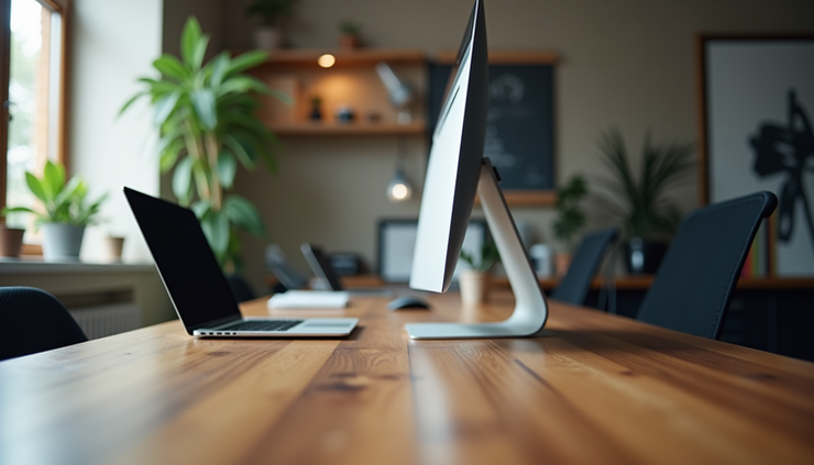 Eye-level view of a modern laptop and desktop setup on a wooden desk in a small office