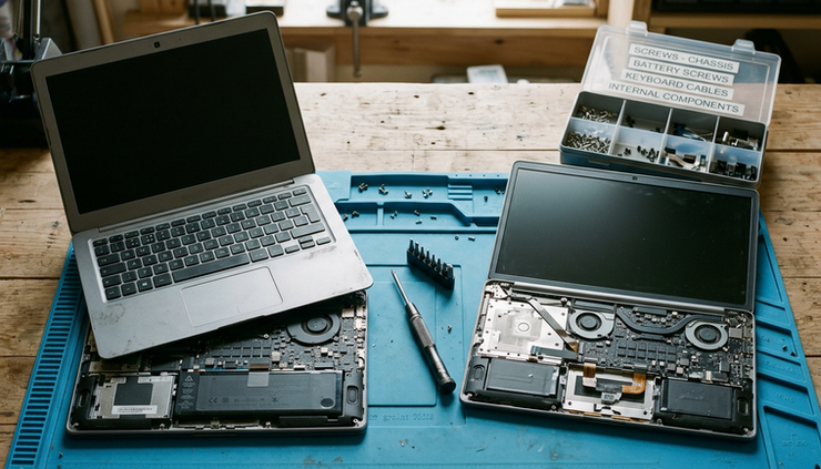Eye-level view of two generic laptops on a repair mat with a screwdriver and labelled parts tray nearby.