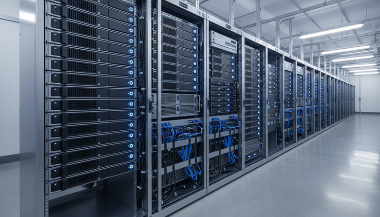 Wide-angle view of a rack of storage servers with visible drive bays in a data room
