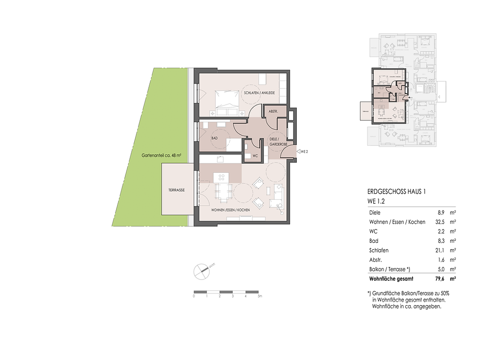 2 Zimmer, EG, rd. 80 m², Garten