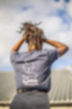 Female Model Wearing Navy Marl T Shirt Back View