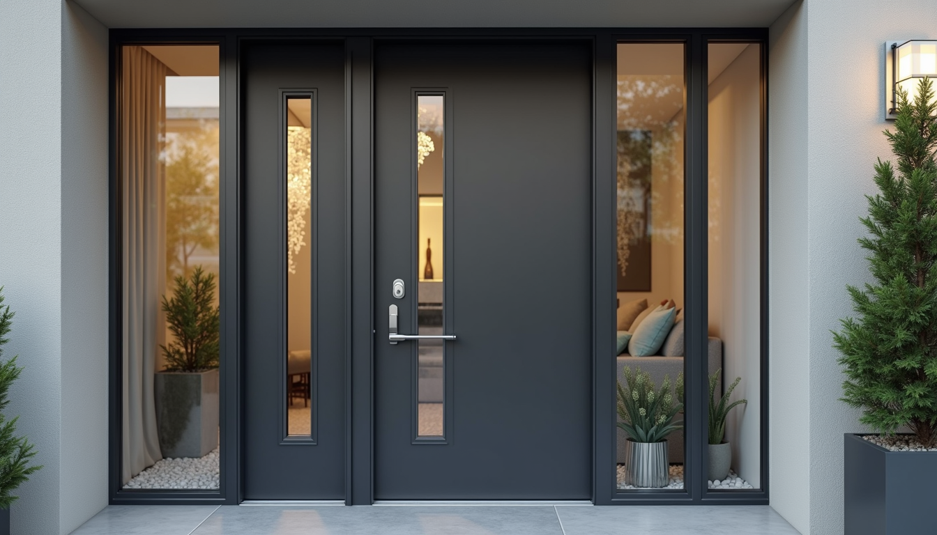 A grand and modern front entry door featuring frosted glass sidelights and high-end hardware.