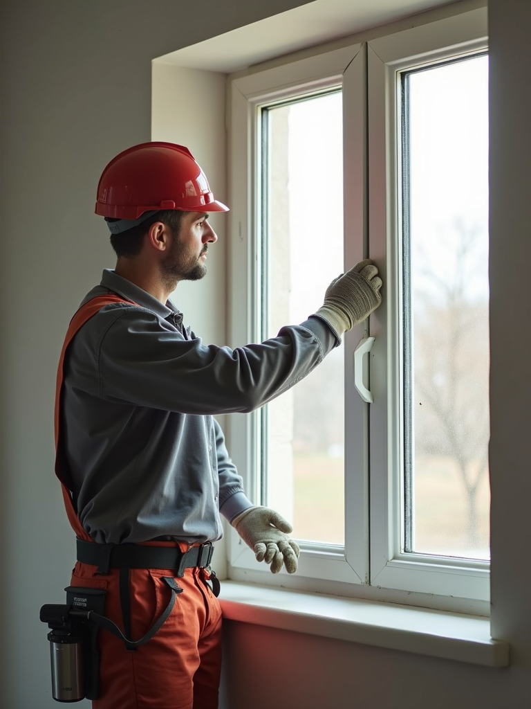 A skilled professional craftsman precisely measuring and inspecting a sleek new window frame installation.