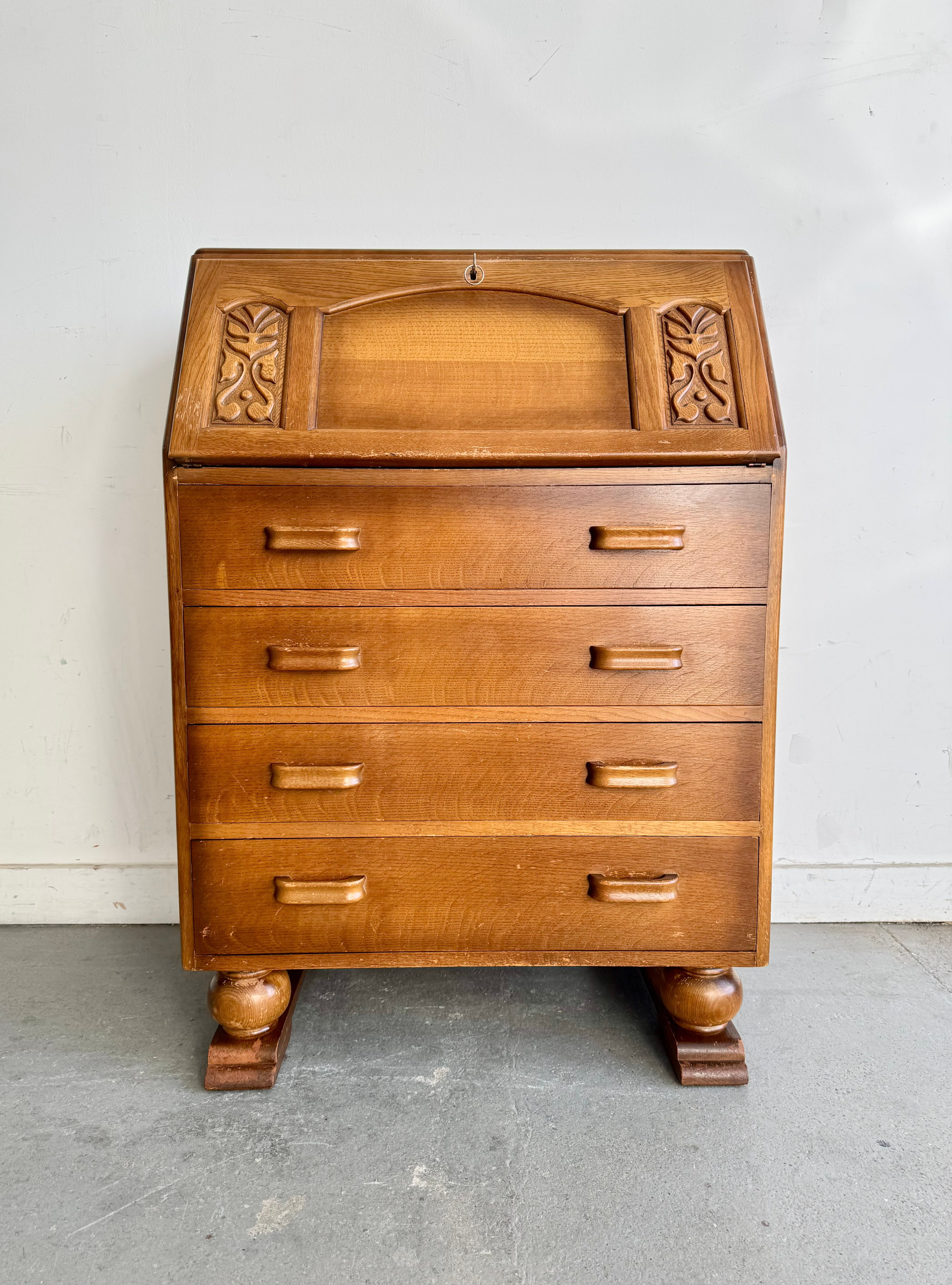 Vintage Oak Bureau Desk with Drawers by Jentique front