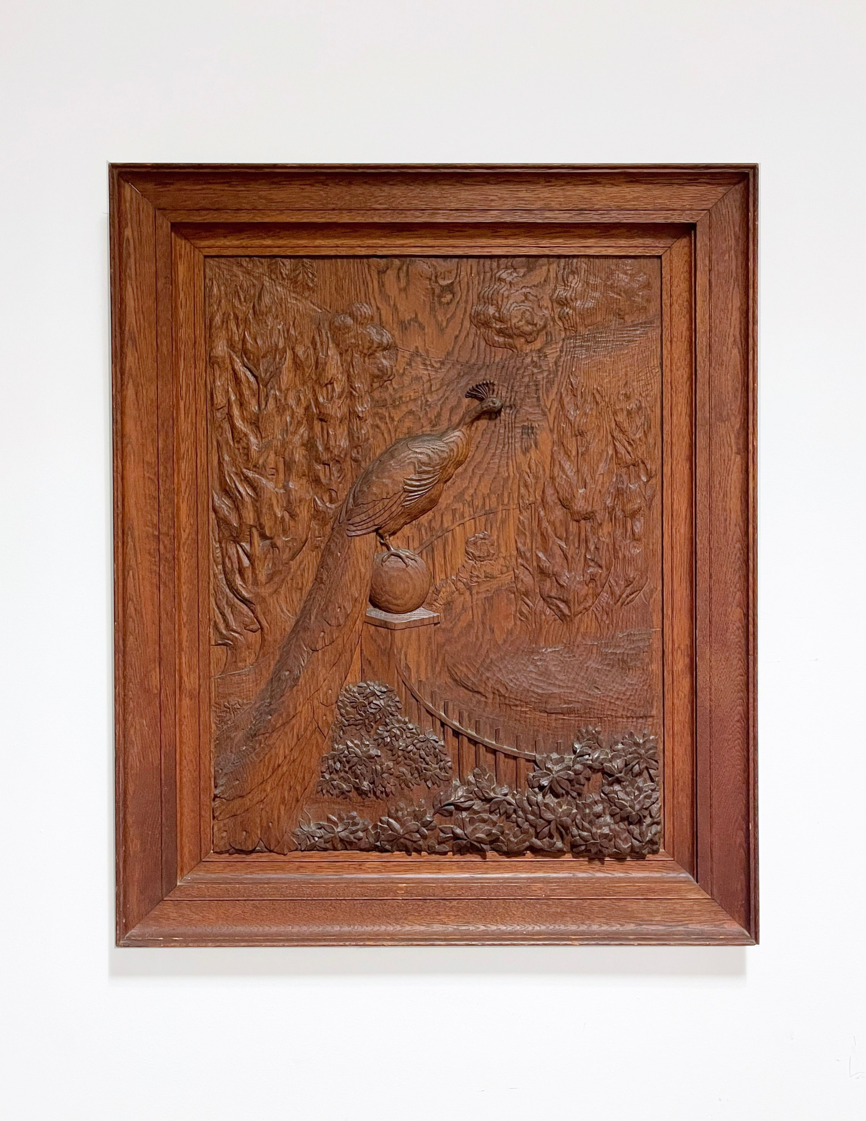 Vintage Wood Carving Panel Picture of a Peacock