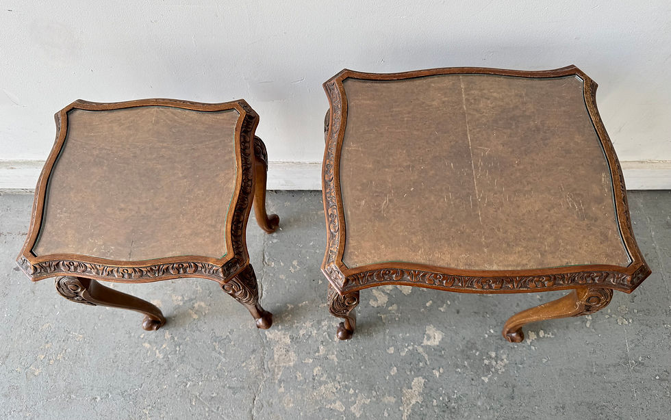 Miniature : Pair of Vintage Wooden Nesting Tables with Glass Tops & Cabriole Legs