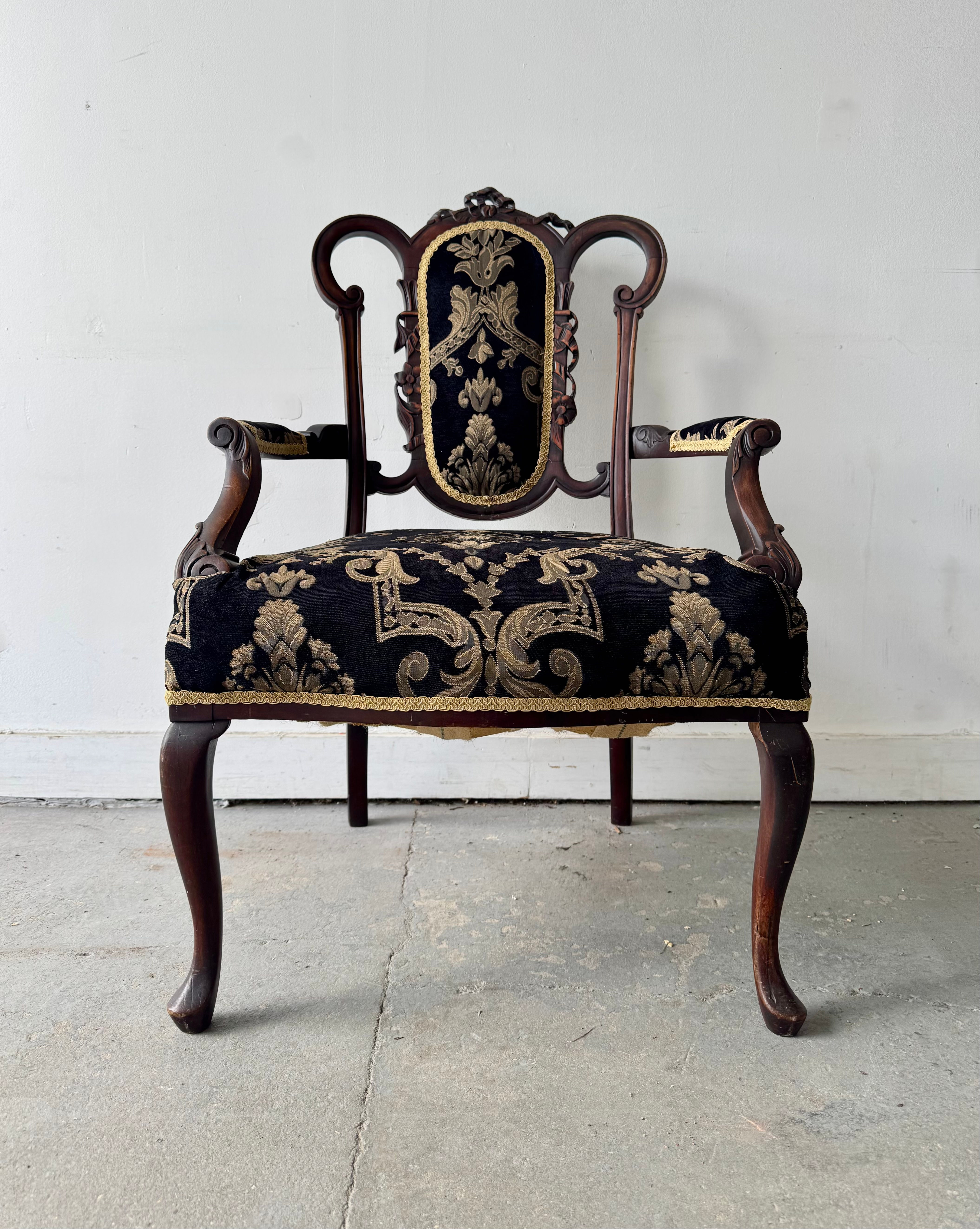 Victorian Wooden Armchair Damask Fabric