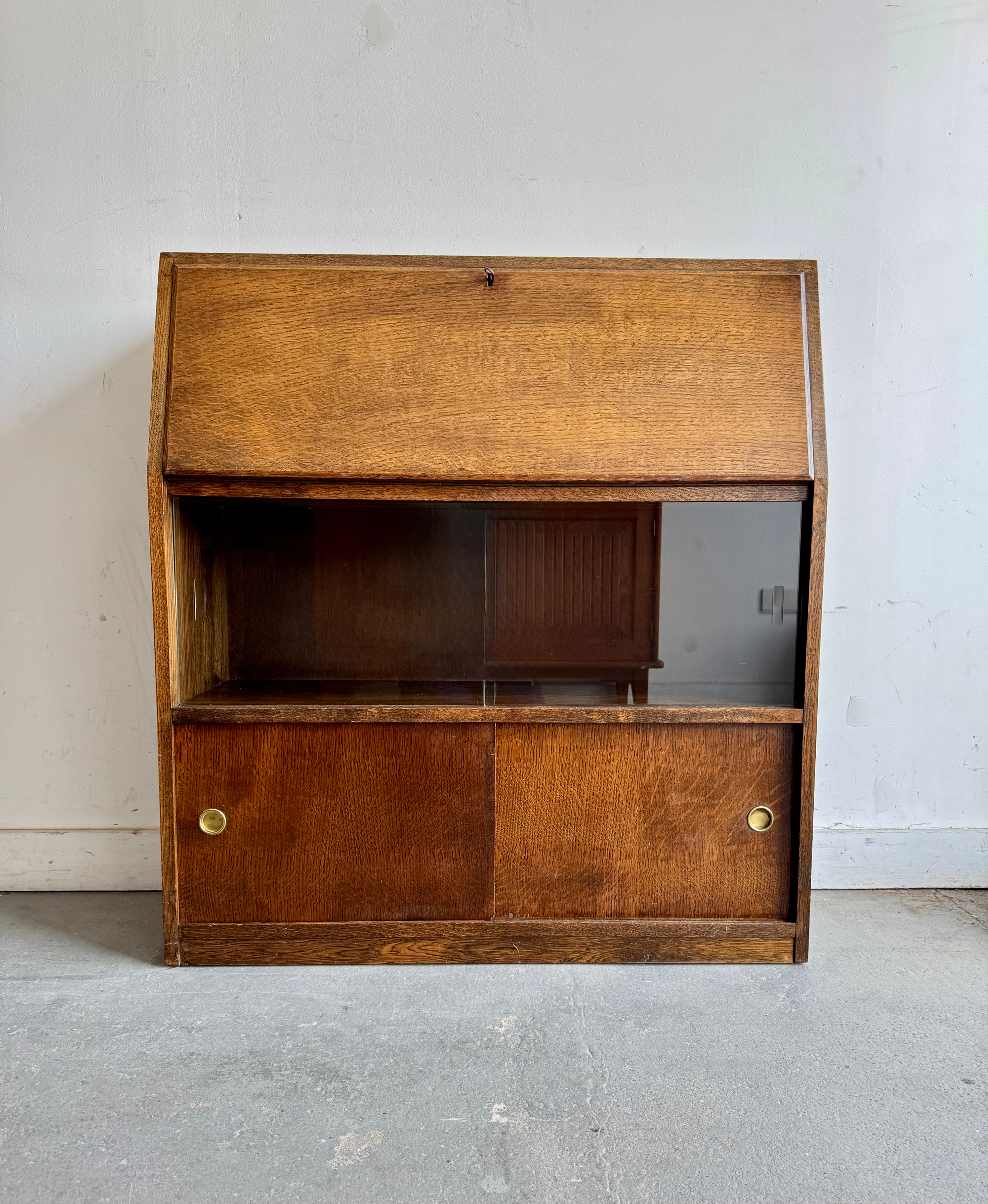 Vintage Oak Bureau Bookcase Desk with Sliding Glass Doors & Key