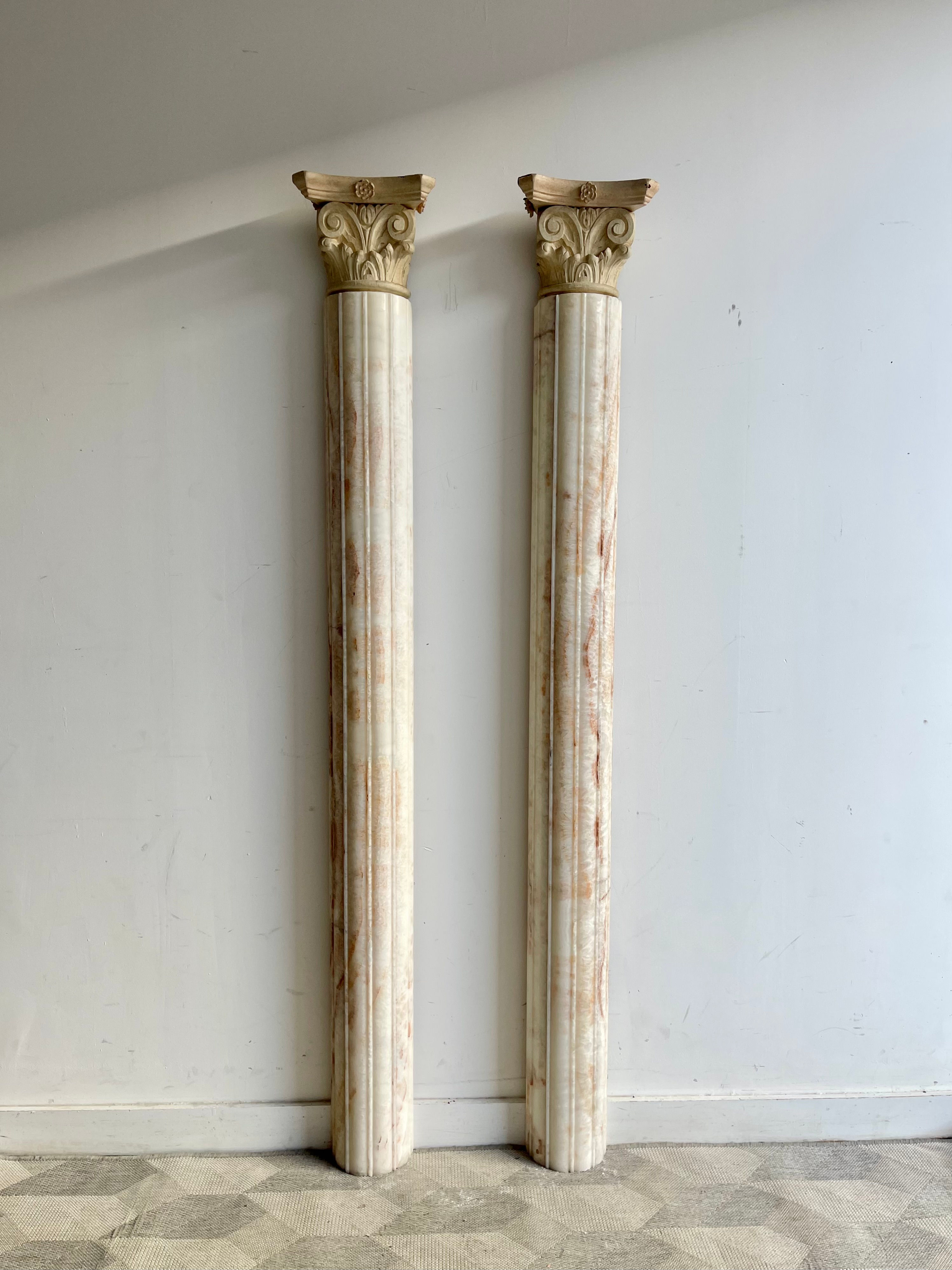 Pair of Reclaimed Marble Columns Pilasters with Corinthian Capitals