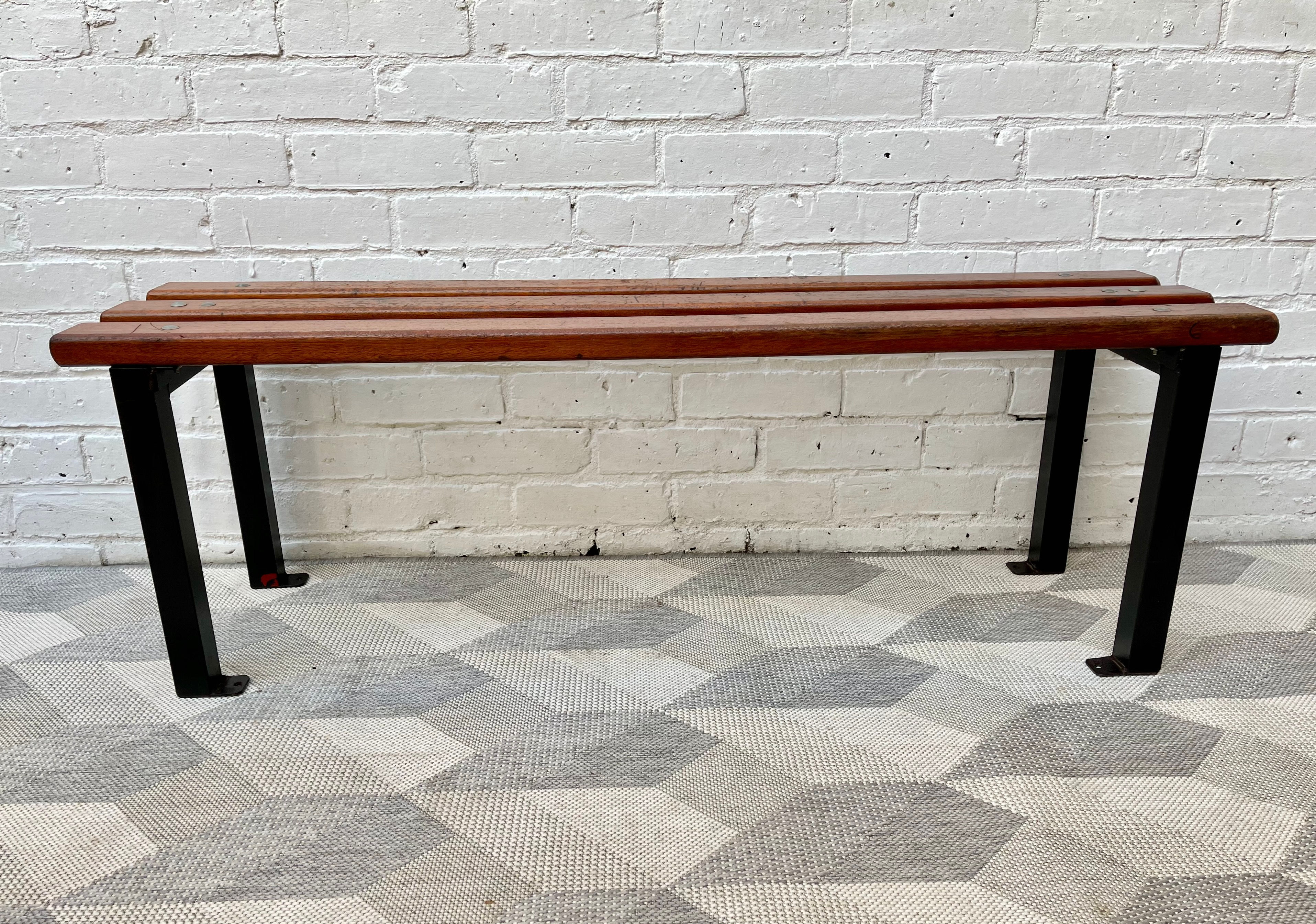 Vintage School Hallway Bench Teak and Metal